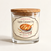 Apple Caramel Pie scented soy candle by House of Hestia in a clear glass jar with wooden lid
