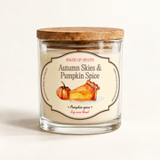 Autumn Skies & Pumpkin Spice scented soy candle by House of Hestia in a clear glass jar with wooden lid