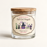 Fall Girl Magick scented soy candle by House of Hestia in a clear glass jar with wooden lid