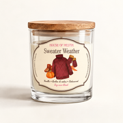 Sweater Weather scented soy candle by House of Hestia in a clear glass jar with wooden lid