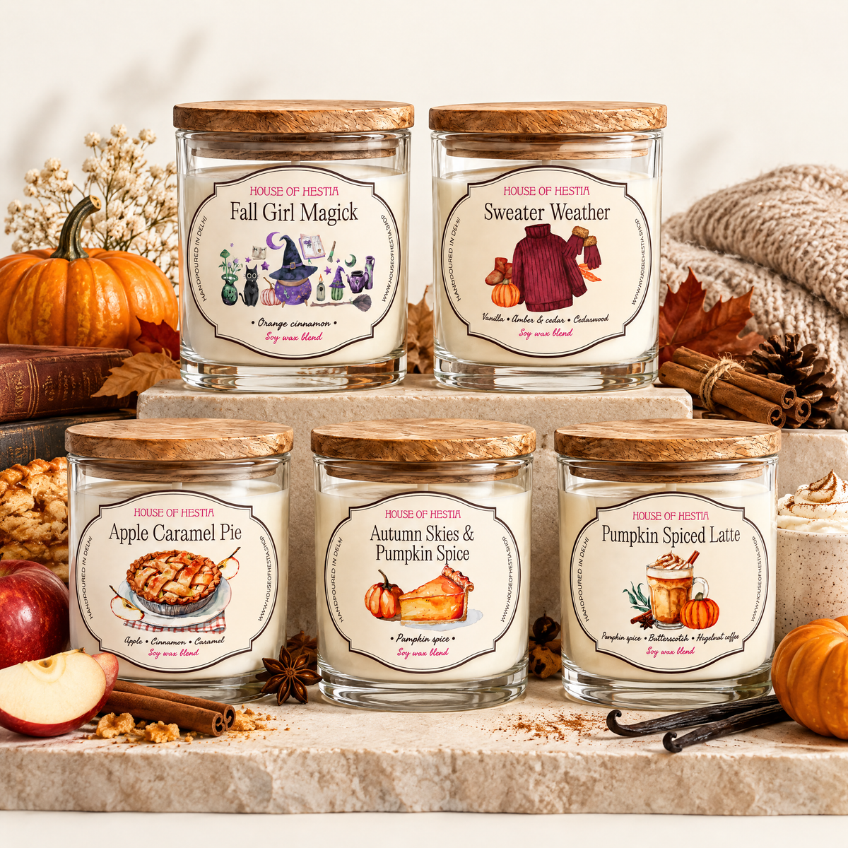 House of Hestia Autumn Affair candle bundle - five candles stacked