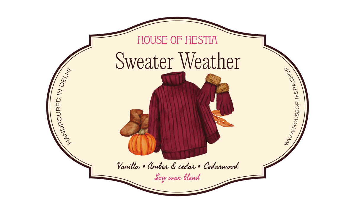 Sweater Weather label by House of Hestia: vanilla, amber, cedarwood